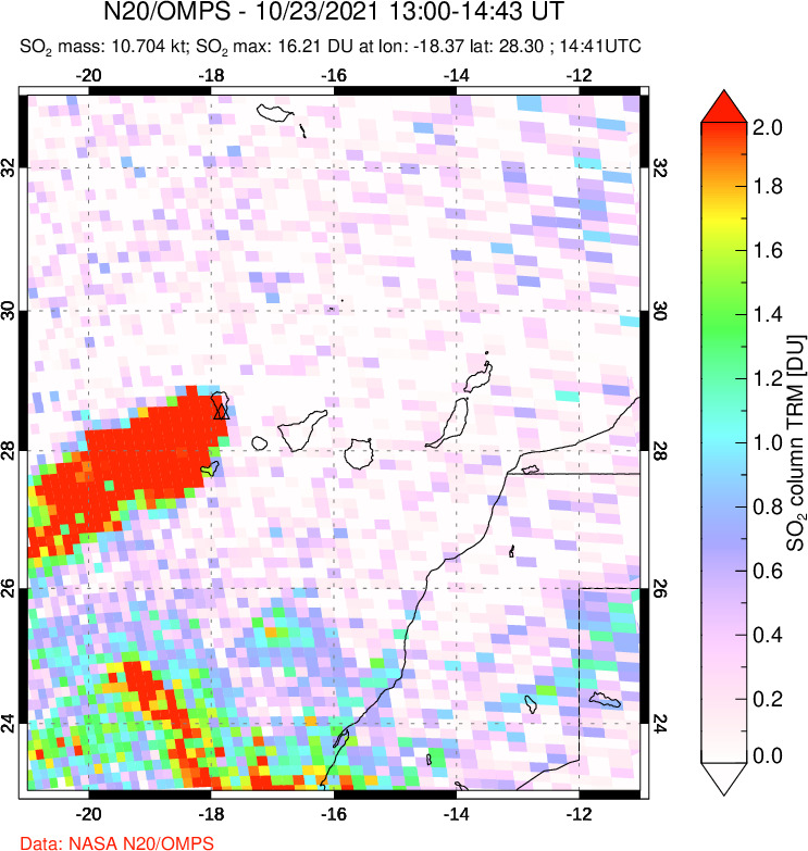 A sulfur dioxide image over Canary Islands on Oct 23, 2021.