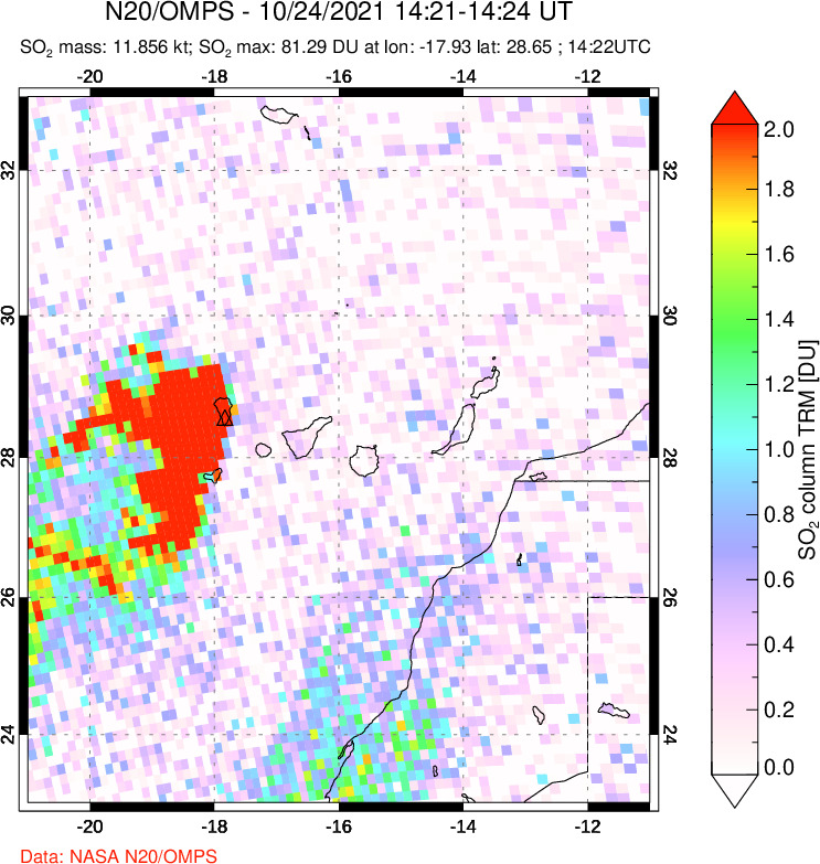 A sulfur dioxide image over Canary Islands on Oct 24, 2021.