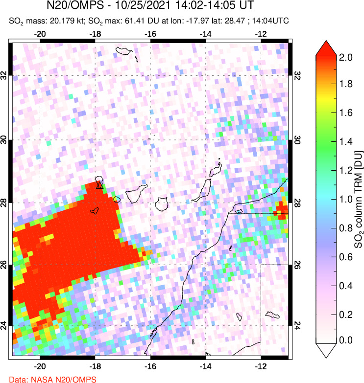 A sulfur dioxide image over Canary Islands on Oct 25, 2021.