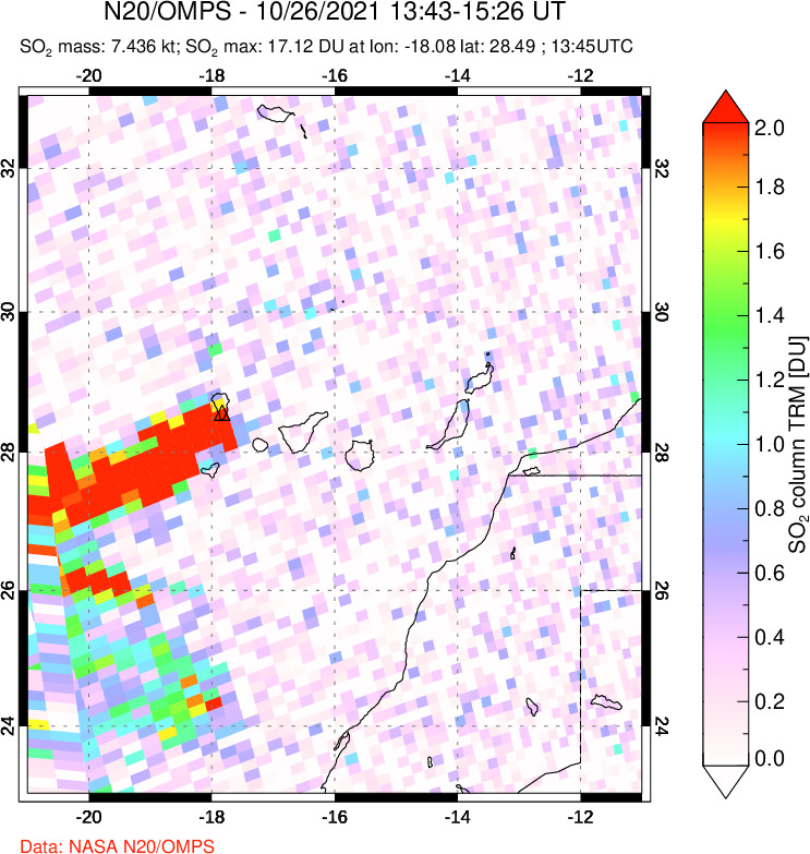 A sulfur dioxide image over Canary Islands on Oct 26, 2021.