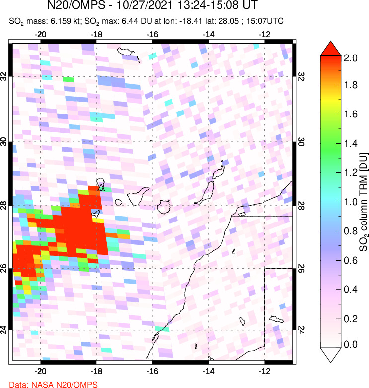 A sulfur dioxide image over Canary Islands on Oct 27, 2021.