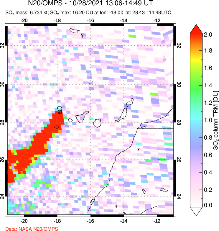 A sulfur dioxide image over Canary Islands on Oct 28, 2021.