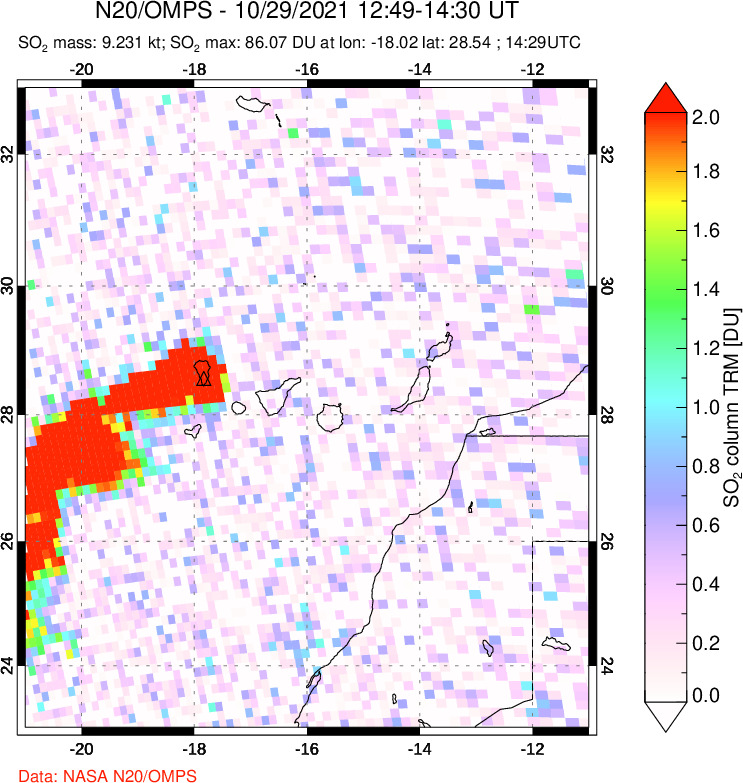 A sulfur dioxide image over Canary Islands on Oct 29, 2021.