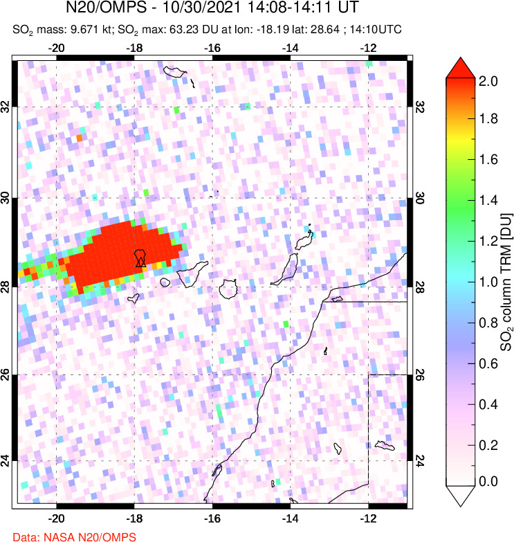 A sulfur dioxide image over Canary Islands on Oct 30, 2021.