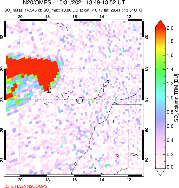 A sulfur dioxide image over Canary Islands on Oct 31, 2021.