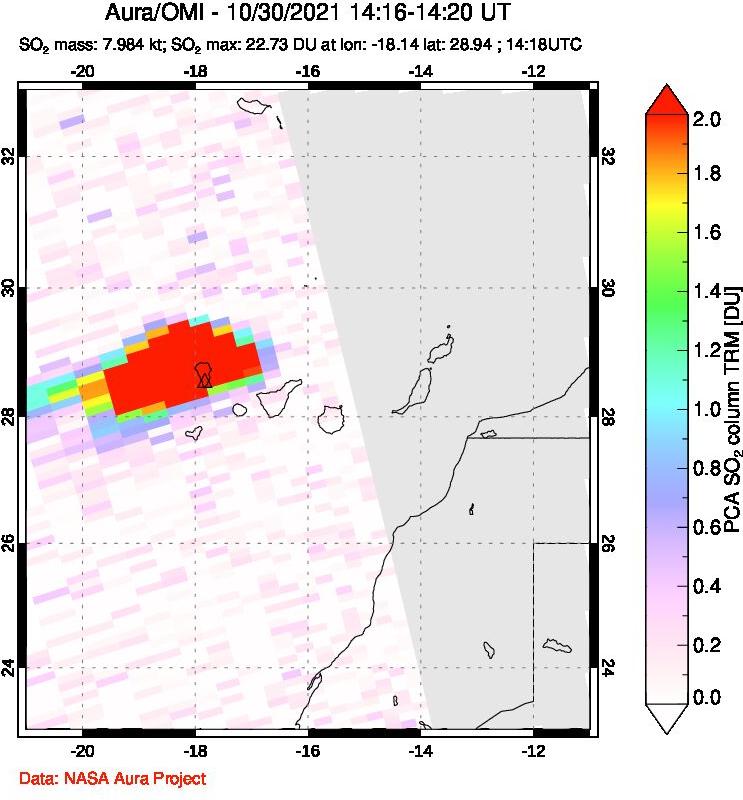 A sulfur dioxide image over Canary Islands on Oct 30, 2021.