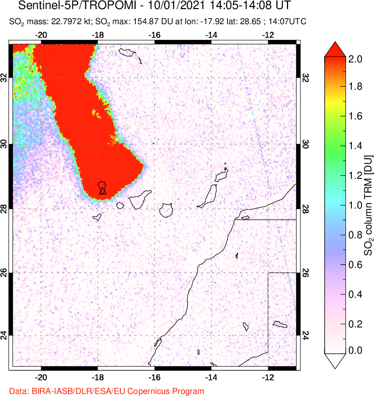 A sulfur dioxide image over Canary Islands on Oct 01, 2021.