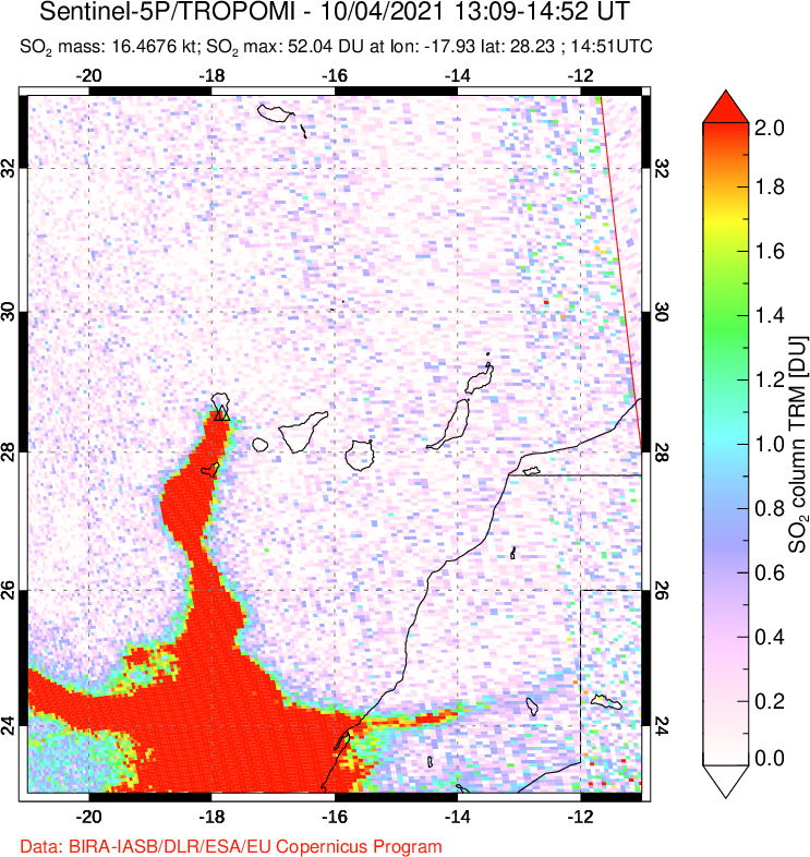 A sulfur dioxide image over Canary Islands on Oct 04, 2021.