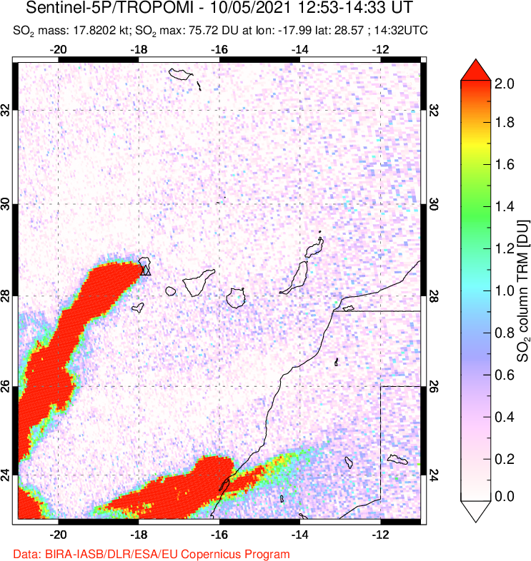 A sulfur dioxide image over Canary Islands on Oct 05, 2021.