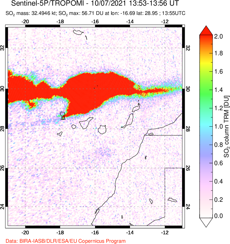 A sulfur dioxide image over Canary Islands on Oct 07, 2021.
