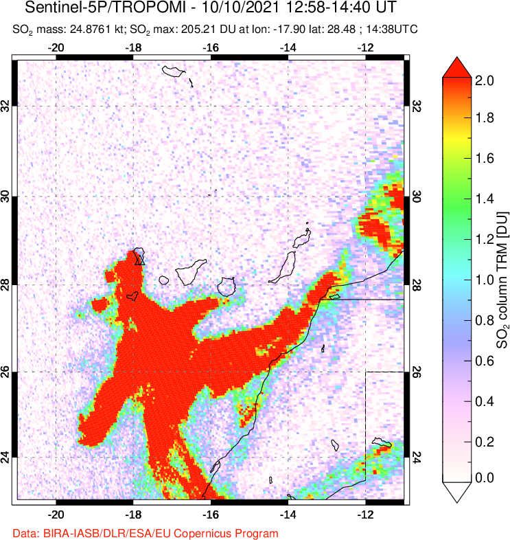 A sulfur dioxide image over Canary Islands on Oct 10, 2021.