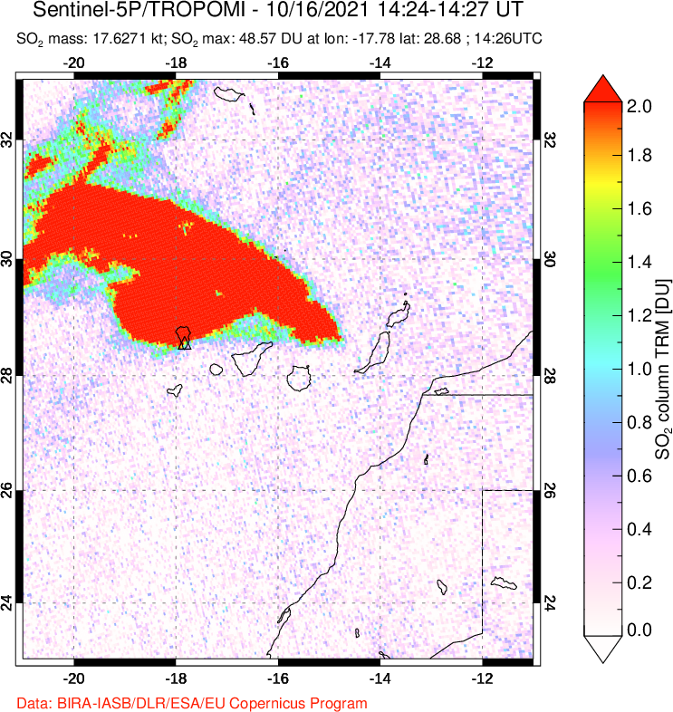A sulfur dioxide image over Canary Islands on Oct 16, 2021.