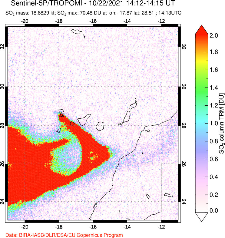 A sulfur dioxide image over Canary Islands on Oct 22, 2021.