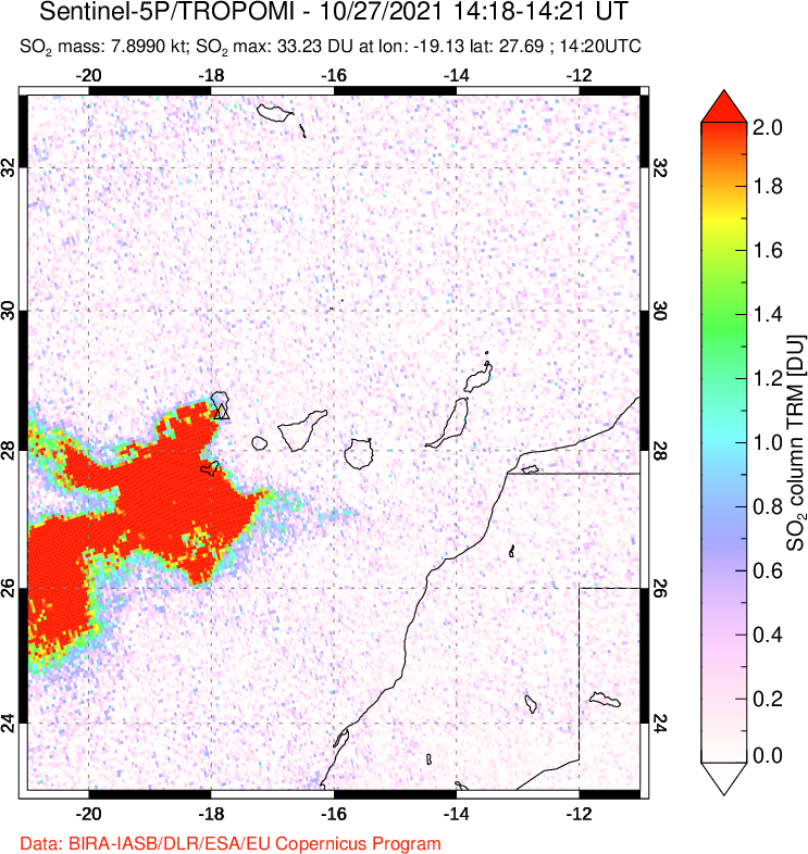 A sulfur dioxide image over Canary Islands on Oct 27, 2021.
