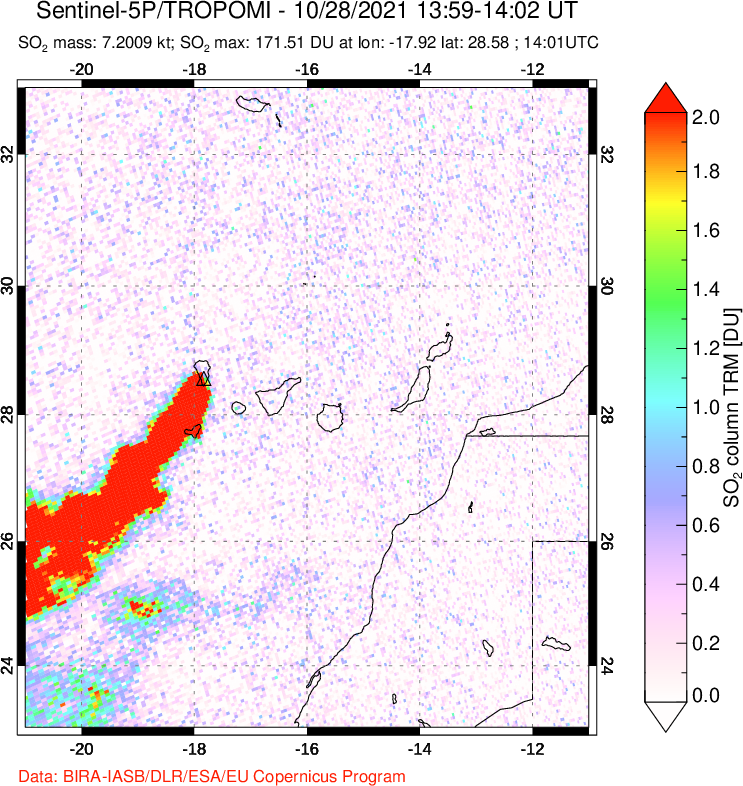 A sulfur dioxide image over Canary Islands on Oct 28, 2021.