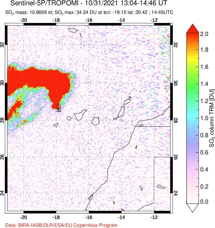 A sulfur dioxide image over Canary Islands on Oct 31, 2021.