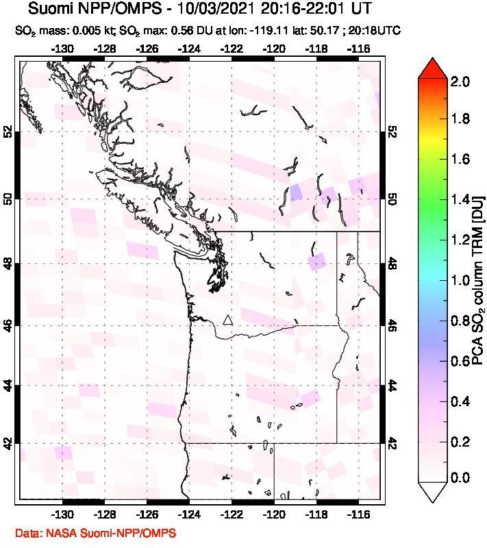 A sulfur dioxide image over Cascade Range, USA on Oct 03, 2021.