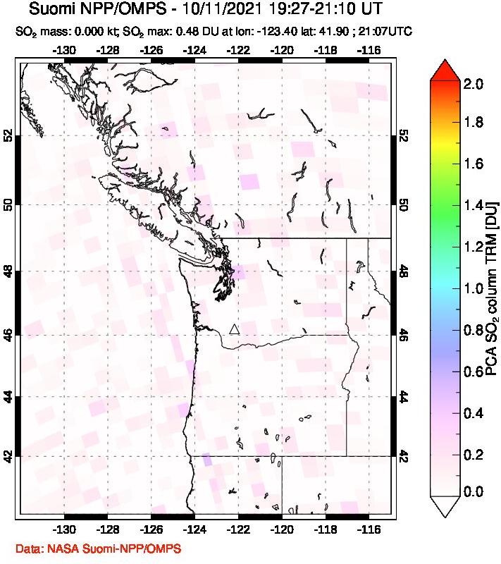 A sulfur dioxide image over Cascade Range, USA on Oct 11, 2021.