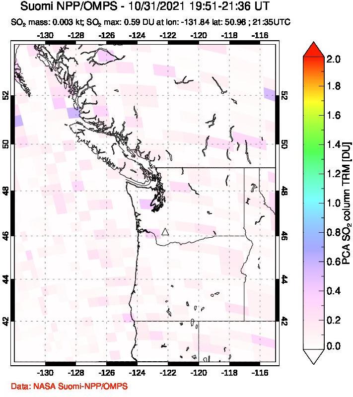 A sulfur dioxide image over Cascade Range, USA on Oct 31, 2021.