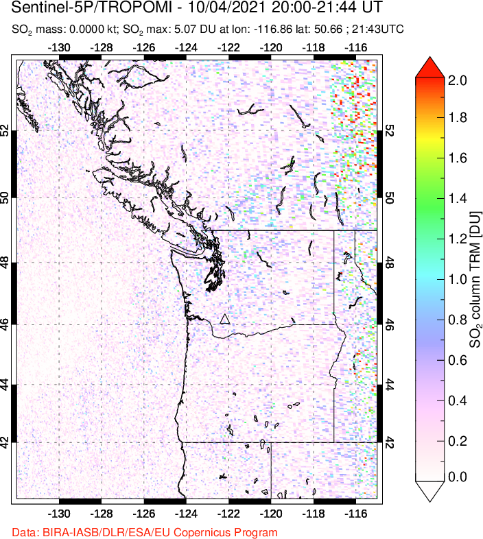 A sulfur dioxide image over Cascade Range, USA on Oct 04, 2021.