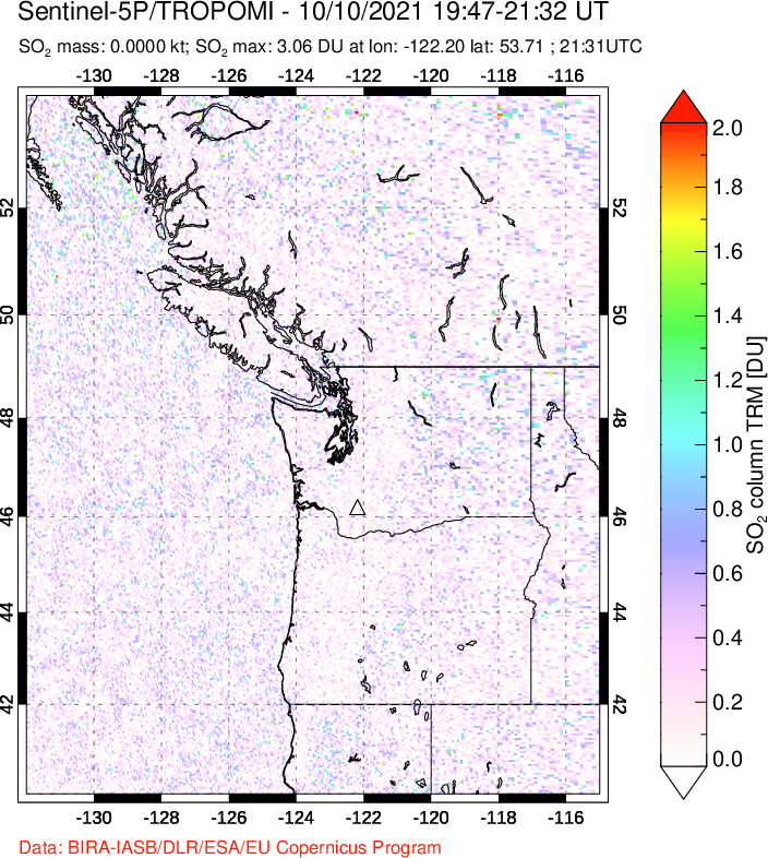 A sulfur dioxide image over Cascade Range, USA on Oct 10, 2021.