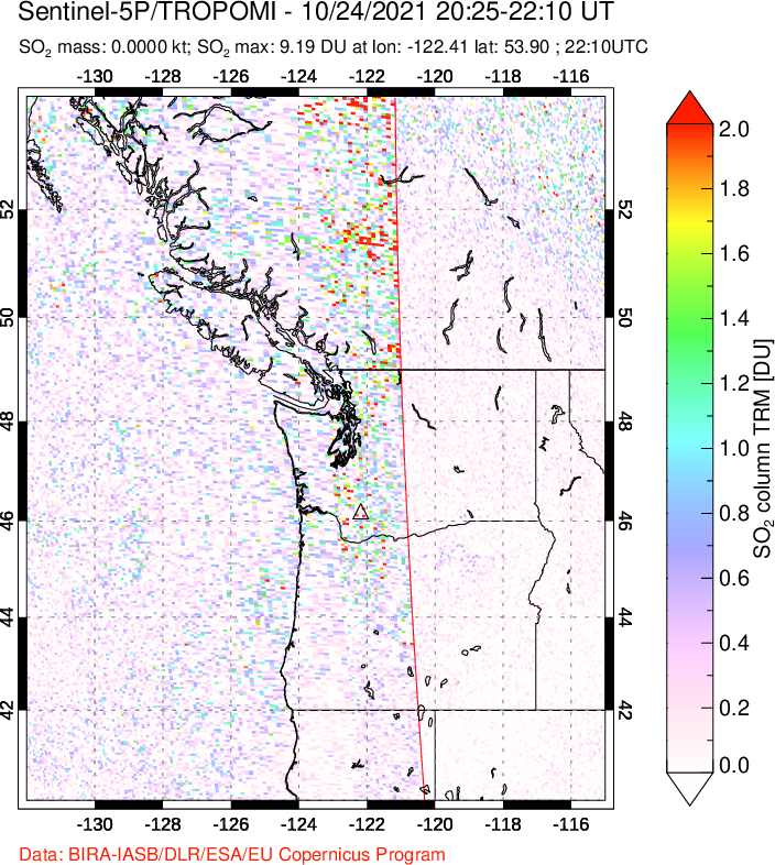 A sulfur dioxide image over Cascade Range, USA on Oct 24, 2021.