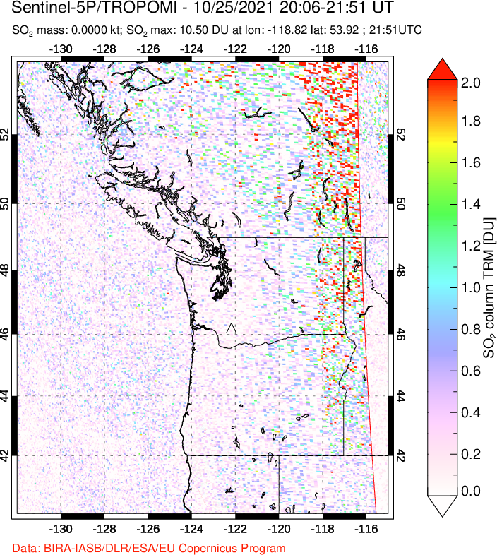 A sulfur dioxide image over Cascade Range, USA on Oct 25, 2021.