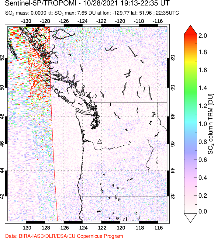 A sulfur dioxide image over Cascade Range, USA on Oct 28, 2021.