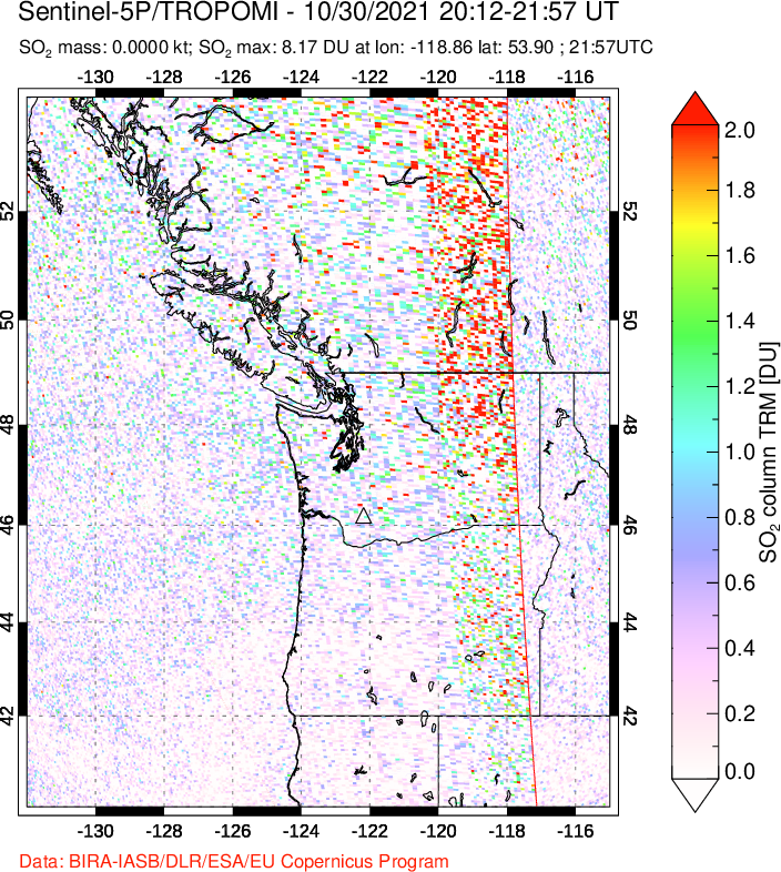 A sulfur dioxide image over Cascade Range, USA on Oct 30, 2021.