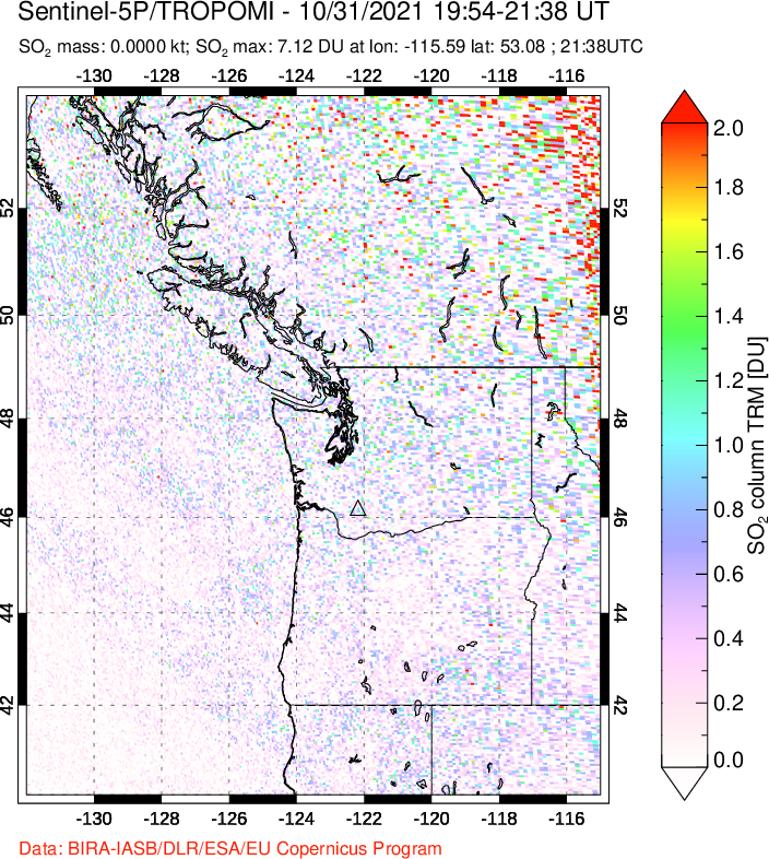 A sulfur dioxide image over Cascade Range, USA on Oct 31, 2021.