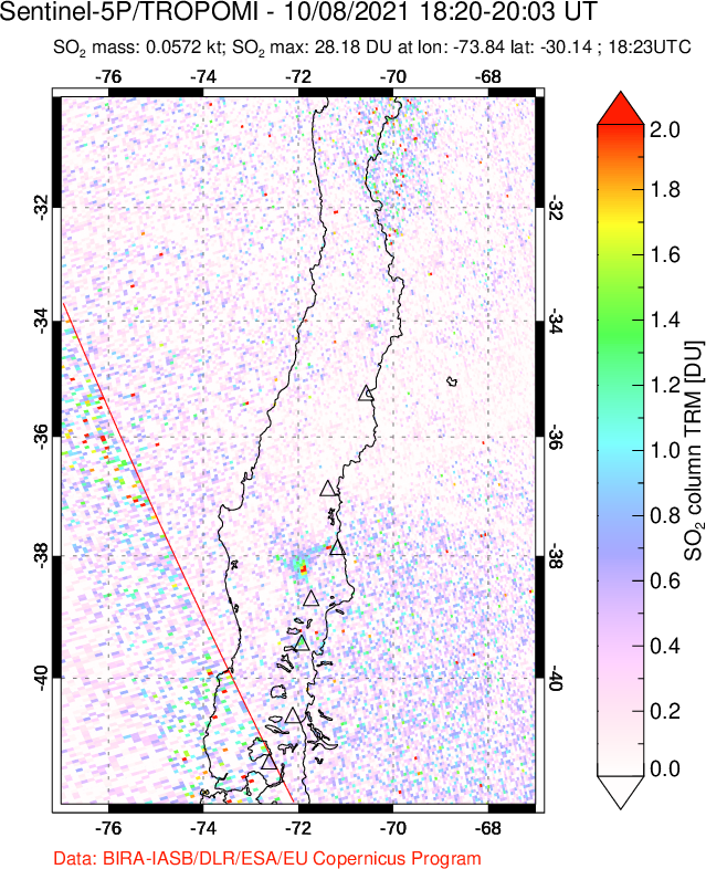A sulfur dioxide image over Central Chile on Oct 08, 2021.