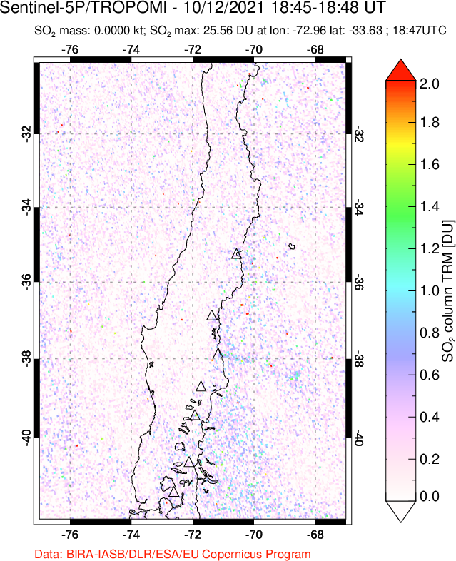 A sulfur dioxide image over Central Chile on Oct 12, 2021.