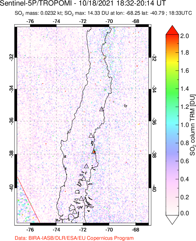 A sulfur dioxide image over Central Chile on Oct 18, 2021.