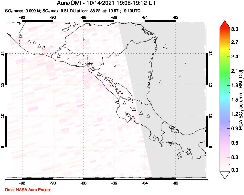 A sulfur dioxide image over Central America on Oct 14, 2021.