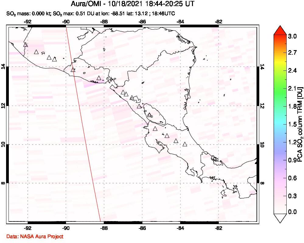 A sulfur dioxide image over Central America on Oct 18, 2021.