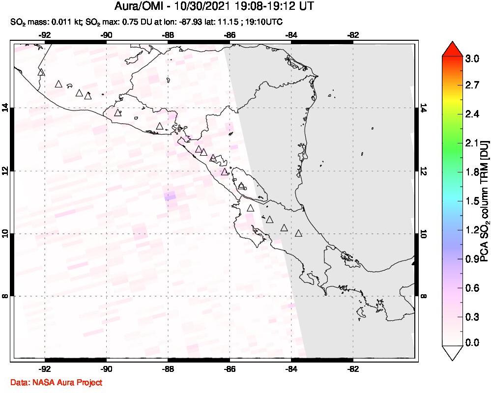 A sulfur dioxide image over Central America on Oct 30, 2021.