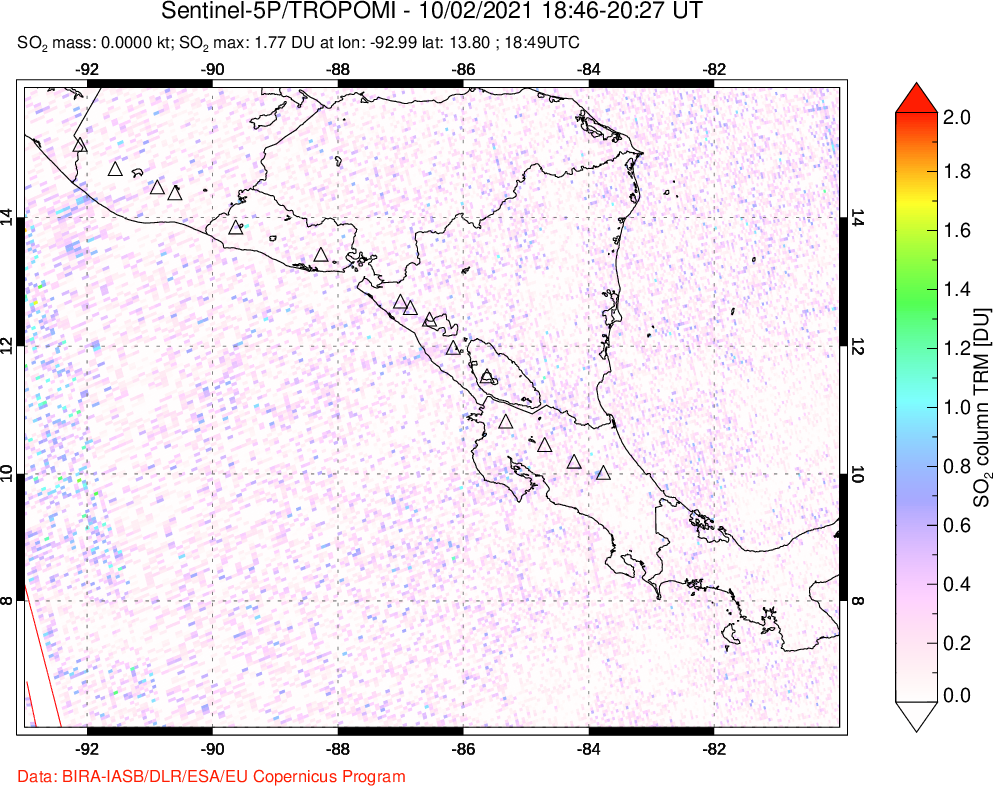 A sulfur dioxide image over Central America on Oct 02, 2021.