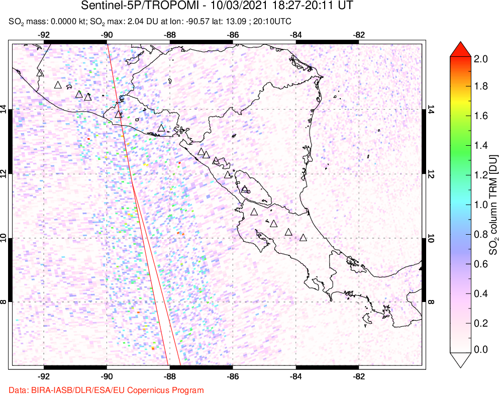 A sulfur dioxide image over Central America on Oct 03, 2021.