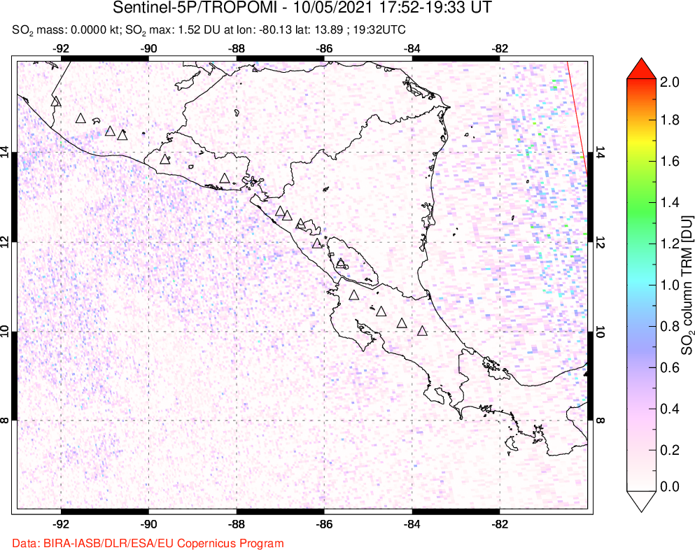 A sulfur dioxide image over Central America on Oct 05, 2021.