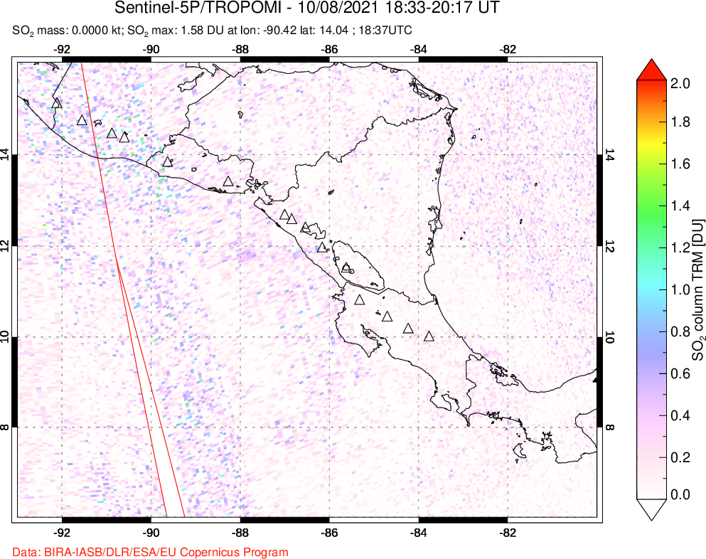 A sulfur dioxide image over Central America on Oct 08, 2021.