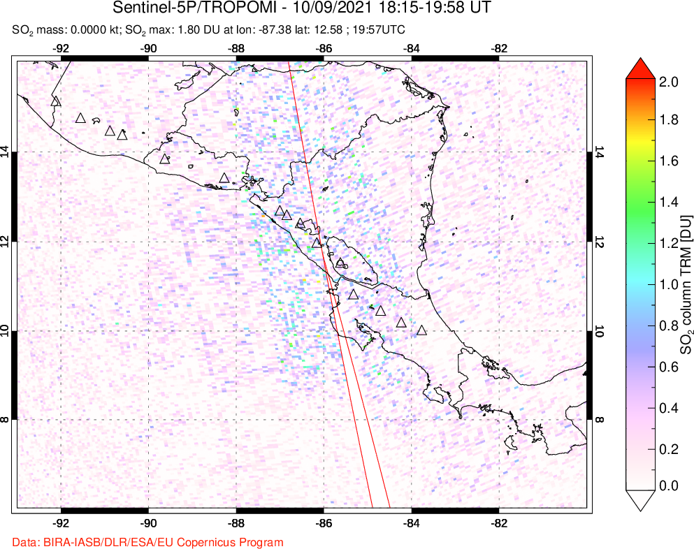 A sulfur dioxide image over Central America on Oct 09, 2021.