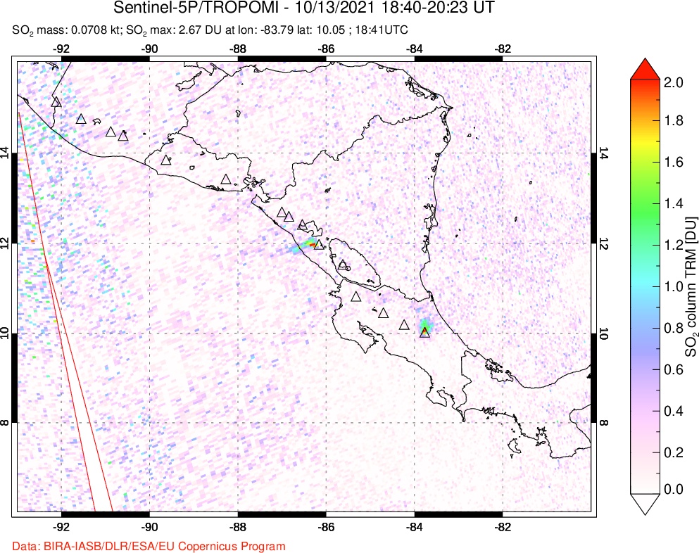 A sulfur dioxide image over Central America on Oct 13, 2021.