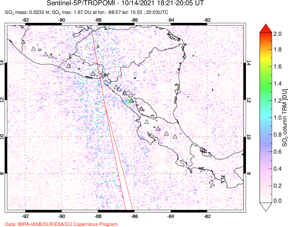 A sulfur dioxide image over Central America on Oct 14, 2021.