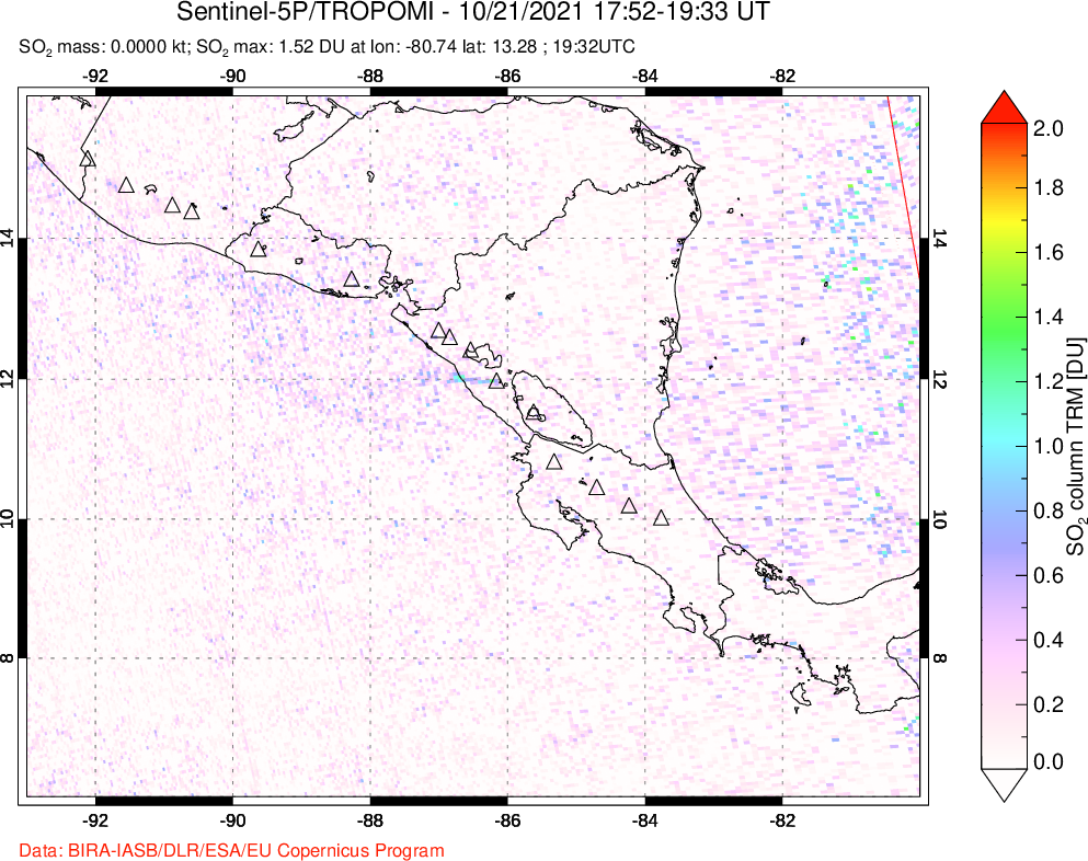 A sulfur dioxide image over Central America on Oct 21, 2021.