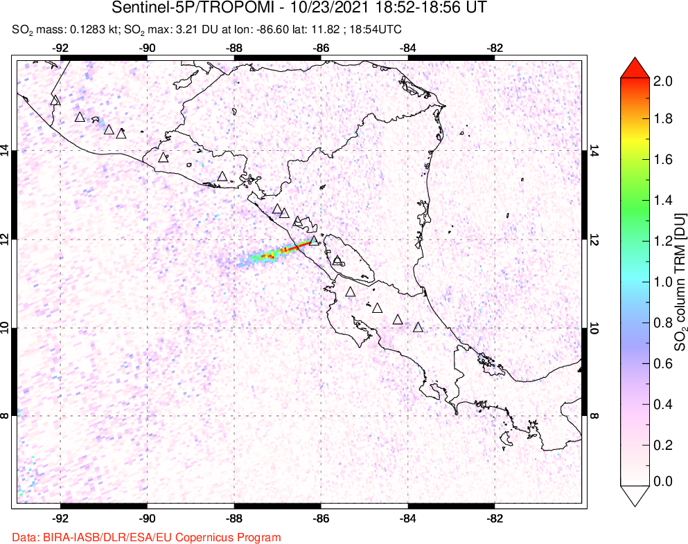 A sulfur dioxide image over Central America on Oct 23, 2021.