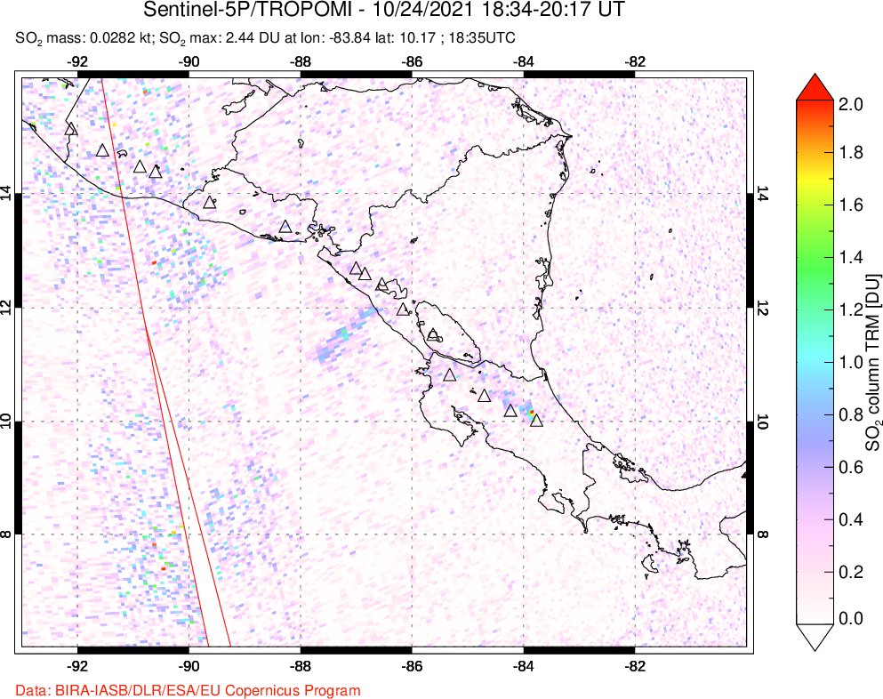 A sulfur dioxide image over Central America on Oct 24, 2021.