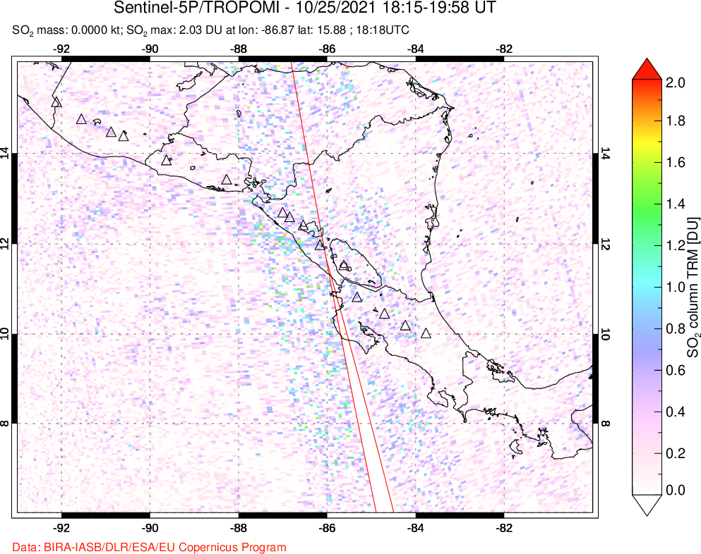 A sulfur dioxide image over Central America on Oct 25, 2021.