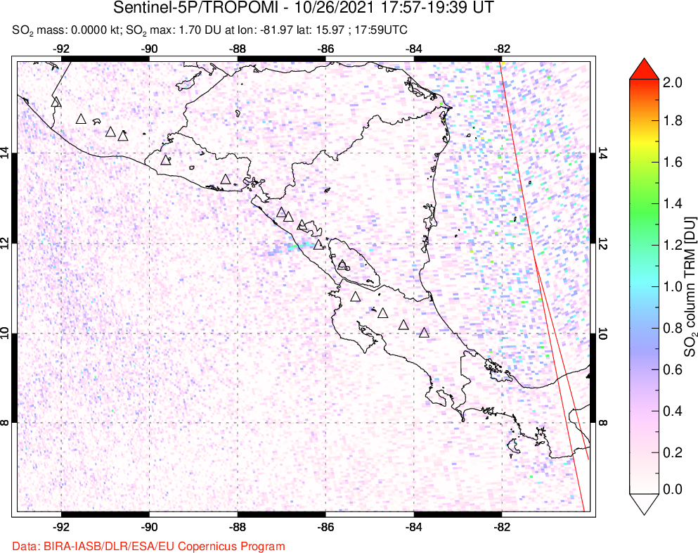 A sulfur dioxide image over Central America on Oct 26, 2021.