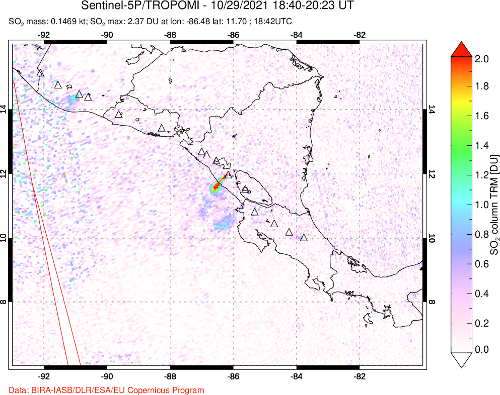 A sulfur dioxide image over Central America on Oct 29, 2021.