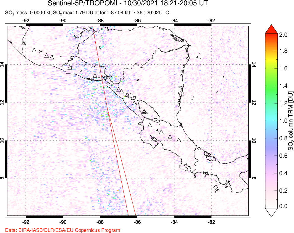 A sulfur dioxide image over Central America on Oct 30, 2021.